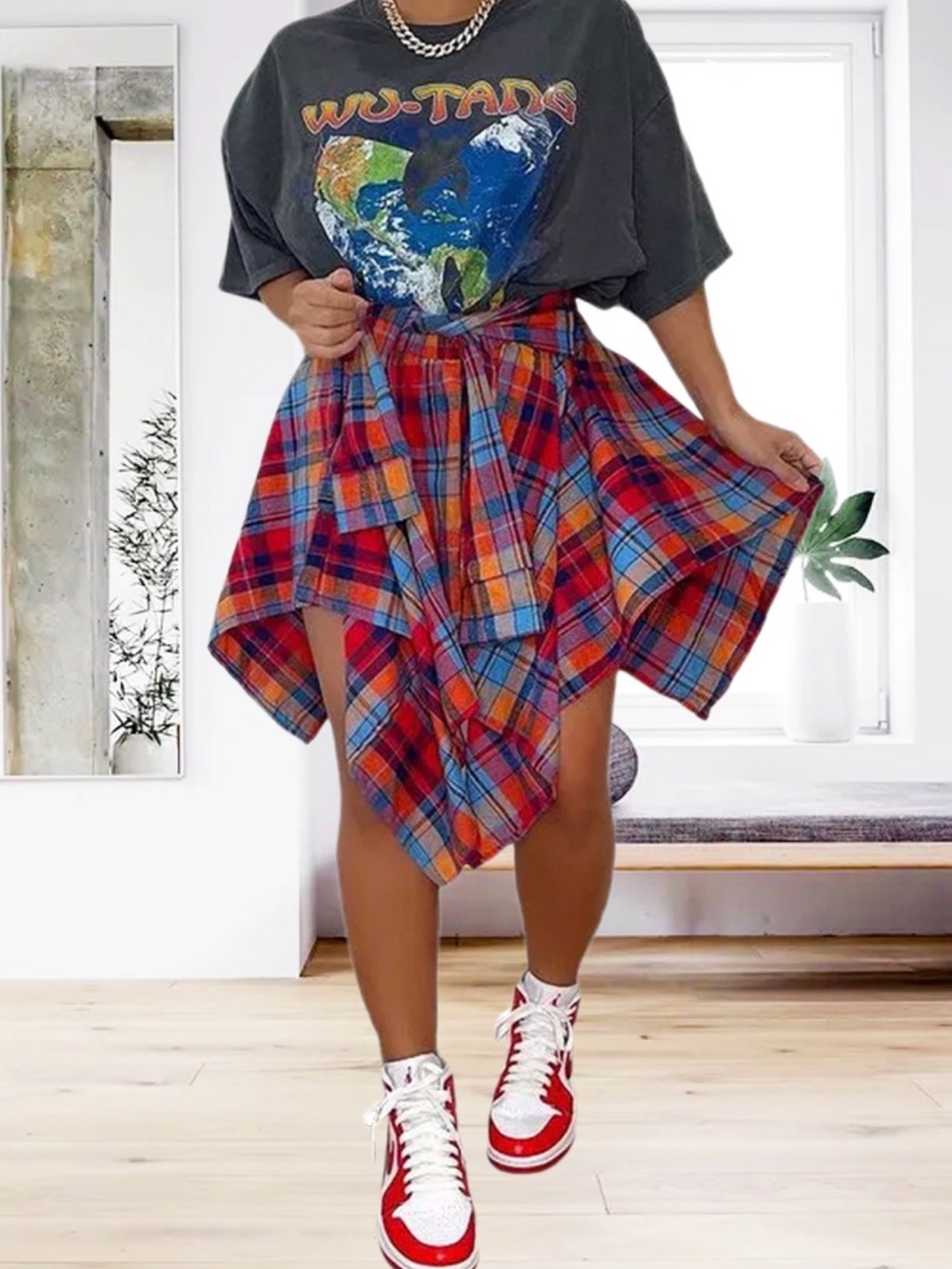 Plaid Handkerchief Hem Flannel Tie Skirt in Red, Blue, Orange
